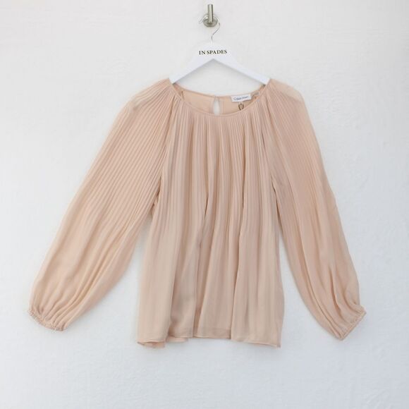 Calvin Klein Long Sleeve Pleated Chiffon Bl Blush L - Picture 2 of 3